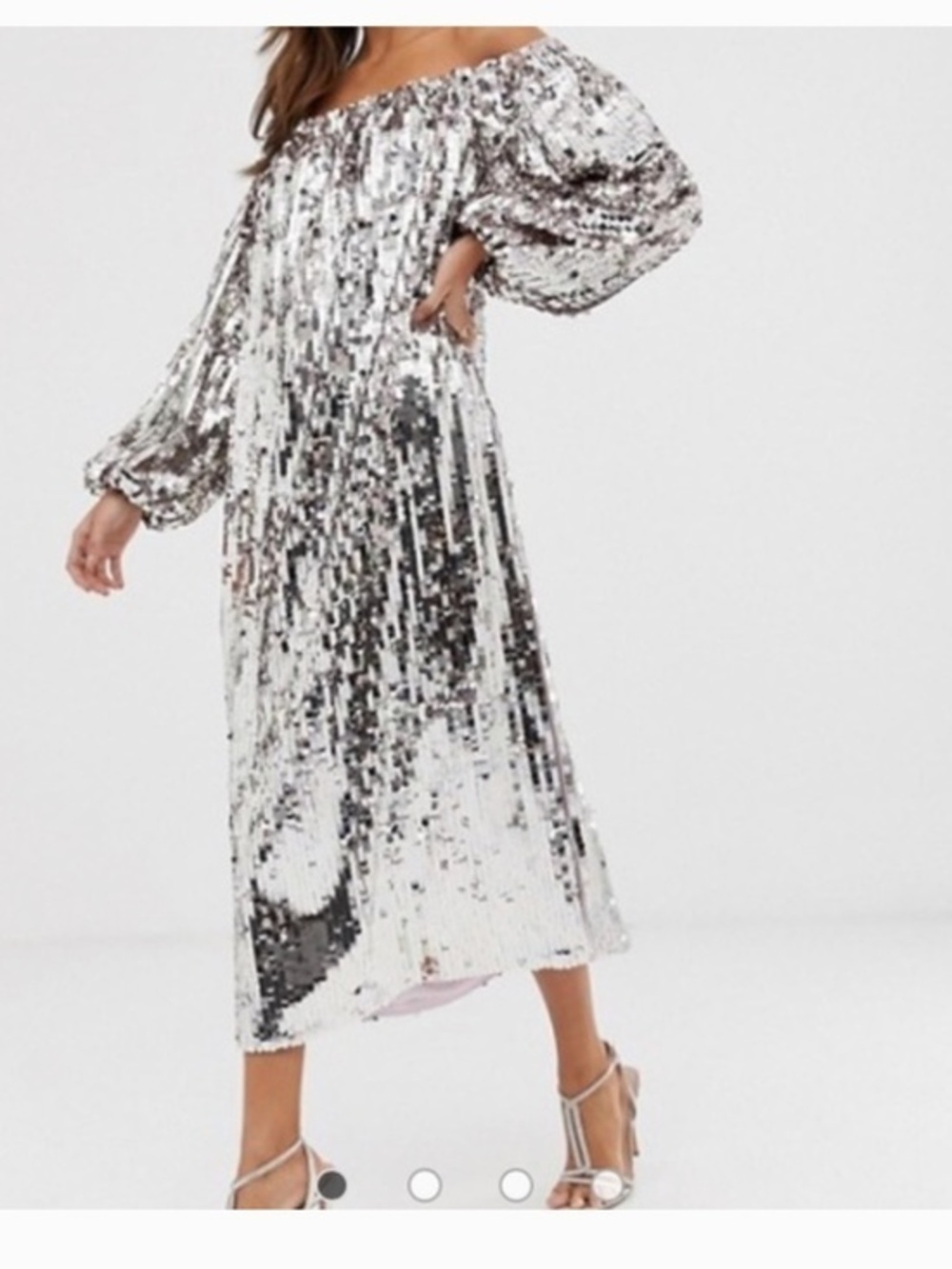 Asos Silver Off The Shoulder Sequin Party Midi Long Sleeve Dress 10US